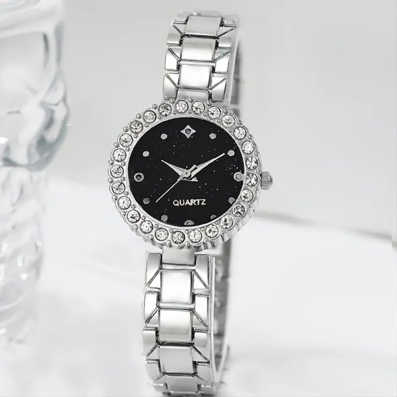 1pc Rhinestone Decor Quartz Watch Flower Pointer Analog Dress Watch & 5pcs jewel - Picture 2 of 4